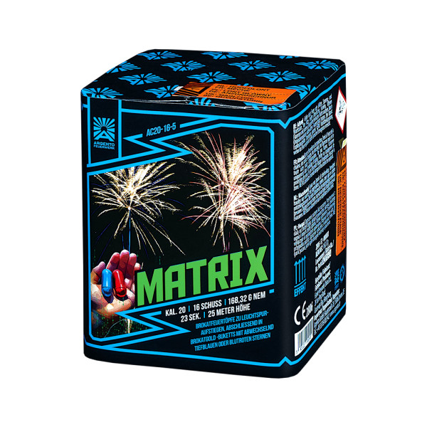 Batteriefeuerwerk Matrix (AC20-16-5) von Funke mit 16-Schuss, 23 Sekunden Laufzeit und 168,32 Gramm NEM der Kategorie F2 online kaufen und bestellen im Feuerwerk-Shop Funkelfun. Günstiger Feuerwerkshop für Silvester. Hier Angebot sichern!
