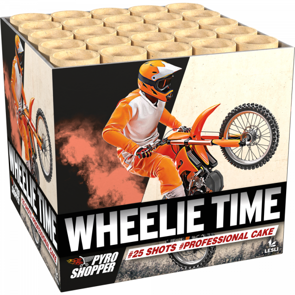 Batteriefeuerwerk Wheelie Time (4259) von Lesli mit 25-Schuss, 55 Sekunden Laufzeit und 498 Gramm NEM der Kategorie F2 online kaufen und bestellen im Feuerwerk-Shop Funkelfun. Günstiger Feuerwerkshop für Silvester. Hier Angebot sichern!