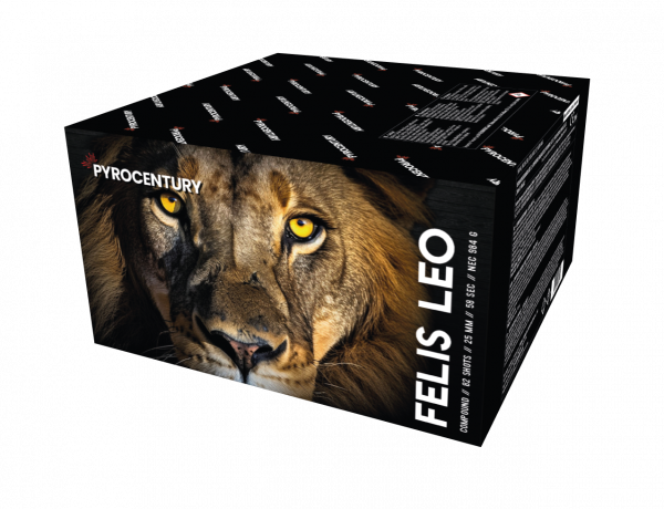 Verbundfeuerwerk|Batteriefeuerwerk Felis Leo (SFC44) von Pyrocentury mit 82-Schuss, 65 Sekunden Laufzeit und 984 Gramm NEM der Kategorie F2 online kaufen und bestellen im Feuerwerk-Shop Funkelfun. Günstiger Feuerwerkshop für Silvester. Hier Angebot sicher