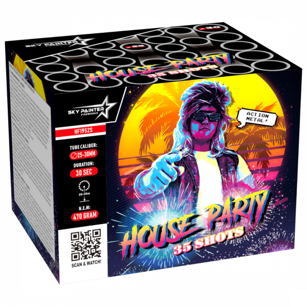 Batteriefeuerwerk House Party (HF1952S) von Sky Painter Fireworks mit 35-Schuss, 30 Sekunden Laufzeit und 470 Gramm NEM der Kategorie F2 online kaufen und bestellen im Feuerwerk-Shop Funkelfun. Günstiger Feuerwerkshop für Silvester. Hier Angebot sichern!