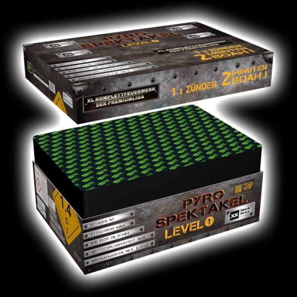 Verbundfeuerwerk Pyro-Spektakel Level 1 (22001) von Blackboxx mit 97-Schuss, 100 Sekunden Laufzeit und 961 Gramm NEM der Kategorie F2 online kaufen und bestellen im Feuerwerk-Shop Funkelfun. Günstiger Feuerwerkshop für Silvester. Hier Angebot sichern!