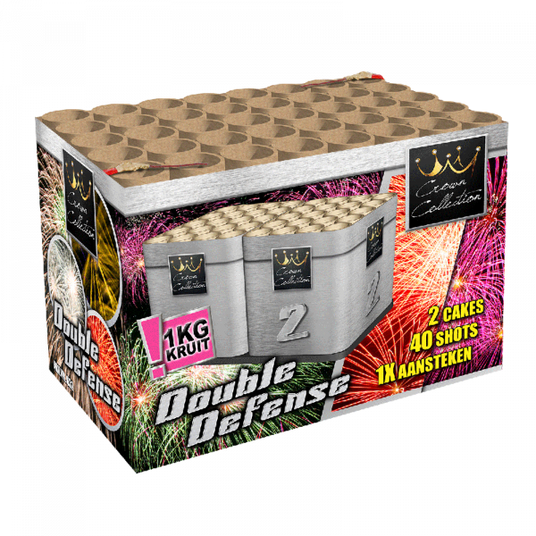 Batteriefeuerwerk Double Defense (0632) von Broekhoff mit 40-Schuss, 40 Sekunden Laufzeit und 1000 Gramm NEM der Kategorie F2 online kaufen und bestellen im Feuerwerk-Shop Funkelfun. Günstiger Feuerwerkshop für Silvester. Hier Angebot sichern!