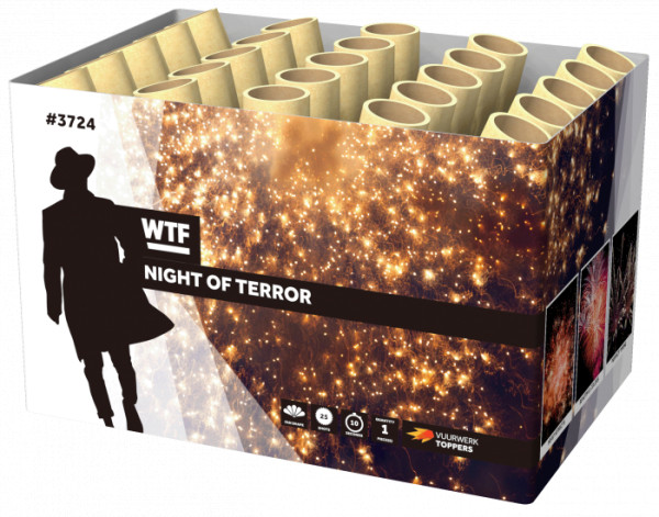 Batteriefeuerwerk Night of Terror (3724) von WTF! mit 25-Schuss, 10 Sekunden Laufzeit und 278 Gramm NEM der Kategorie F2 online kaufen und bestellen im Feuerwerk-Shop Funkelfun. Günstiger Feuerwerkshop für Silvester. Hier Angebot sichern!