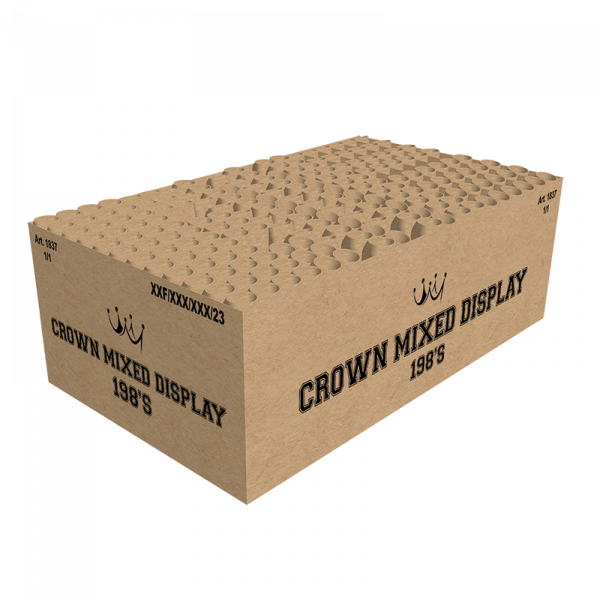 Verbundfeuerwerk Crown Mixed Display (1837) von Broekhoff mit 198-Schuss, 75 Sekunden Laufzeit und 1224 Gramm NEM der Kategorie F2 online kaufen und bestellen im Feuerwerk-Shop Funkelfun. Günstiger Feuerwerkshop für Silvester. Hier Angebot sichern!