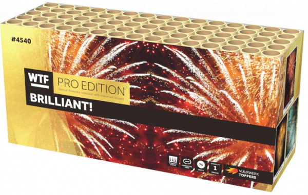 Verbundfeuerwerk BRILLIANT! (4540) von WTF! mit 75-Schuss, 30 Sekunden Laufzeit und 1160 Gramm NEM der Kategorie F2 online kaufen und bestellen im Feuerwerk-Shop Funkelfun. Günstiger Feuerwerkshop für Silvester. Hier Angebot sichern!