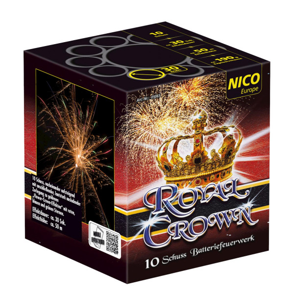 Batteriefeuerwerk Royal Crown (05065) von Nico mit 10-Schuss, 30 Sekunden Laufzeit und 186 Gramm NEM der Kategorie F2 online kaufen und bestellen im Feuerwerk-Shop Funkelfun. Günstiger Feuerwerkshop für Silvester. Hier Angebot sichern!