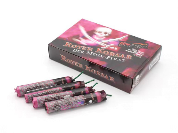 Böller Roter Korsar (KN030-014) von FireEvent mit 20-Schuss, 0,1 Sekunden Laufzeit und 30 Gramm NEM der Kategorie F2 online kaufen und bestellen im Feuerwerk-Shop Funkelfun. Günstiger Feuerwerkshop für Silvester. Hier Angebot sichern!