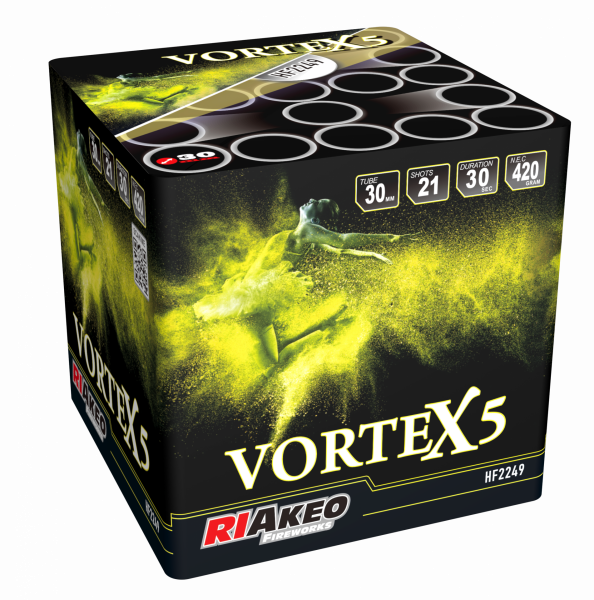 Batteriefeuerwerk Riakeo Vortex 5 (HF2249) von Riakeo Fireworks mit 21-Schuss, 30 Sekunden Laufzeit und 420 Gramm NEM der Kategorie F2 online kaufen und bestellen im Feuerwerk-Shop Funkelfun. Günstiger Feuerwerkshop für Silvester. Hier Angebot sichern!