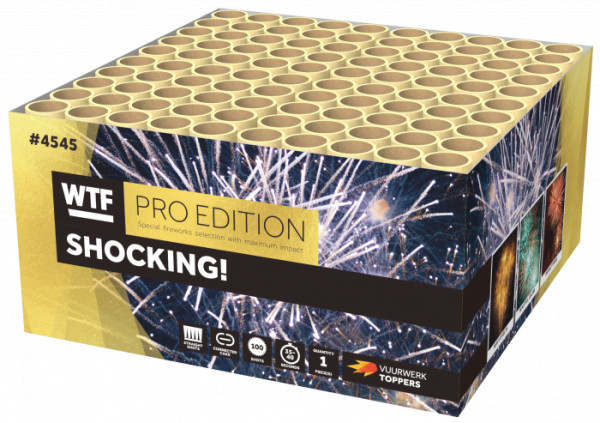 Verbundfeuerwerk SHOCKING! (4545) von WTF! mit 100-Schuss, 40 Sekunden Laufzeit und 1150 Gramm NEM der Kategorie F2 online kaufen und bestellen im Feuerwerk-Shop Funkelfun. Günstiger Feuerwerkshop für Silvester. Hier Angebot sichern!