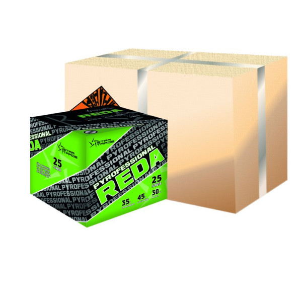 Batteriefeuerwerk Pyrofessional REDA (0201344) von Startrade mit 25-Schuss, 35 Sekunden Laufzeit und 475 Gramm NEM der Kategorie F2 online kaufen und bestellen im Feuerwerk-Shop Funkelfun. Günstiger Feuerwerkshop für Silvester. Hier Angebot sichern!