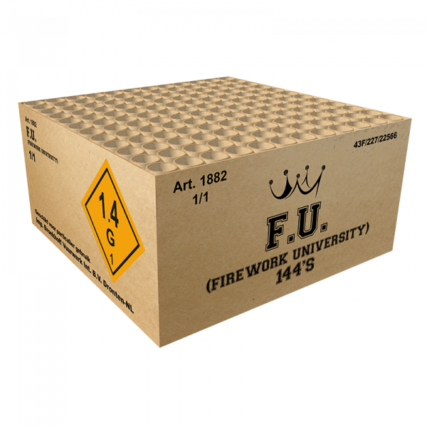 Verbundfeuerwerk F.U. (Fireworks University) (1882) von Broekhoff mit 144-Schuss, 72 Sekunden Laufzeit und 1926 Gramm NEM der Kategorie F2 online kaufen und bestellen im Feuerwerk-Shop Funkelfun. Günstiger Feuerwerkshop für Silvester. Hier Angebot sichern
