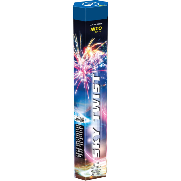 Römische Lichter Sky Twist (05091) von Nico mit 80-Schuss, 35 Sekunden Laufzeit und 172 Gramm NEM der Kategorie F2 online kaufen und bestellen im Feuerwerk-Shop Funkelfun. Günstiger Feuerwerkshop für Silvester. Hier Angebot sichern!