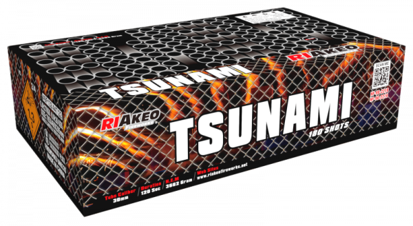 Verbundfeuerwerk Riakeo Tsunami (HF-90-2218-HF-90-2219) von Riakeo Fireworks mit 180-Schuss, 90 Sekunden Laufzeit und 3700 Gramm NEM der Kategorie F2 online kaufen und bestellen im Feuerwerk-Shop Funkelfun. Günstiger Feuerwerkshop für Silvester.