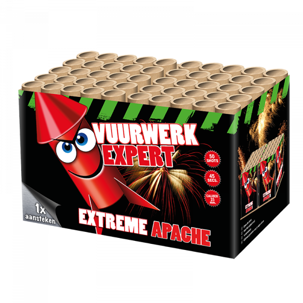 Batteriefeuerwerk Extreme Apache (1869) von Broekhoff mit 50-Schuss, 35 Sekunden Laufzeit und 1000 Gramm NEM der Kategorie F2 online kaufen und bestellen im Feuerwerk-Shop Funkelfun. Günstiger Feuerwerkshop für Silvester. Hier Angebot sichern!