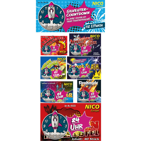 Jugendfeuerwerk Silvester Countdown (04770) von Nico mit -Schuss, Sekunden Laufzeit und 20 Gramm NEM der Kategorie F1 online kaufen und bestellen im Feuerwerk-Shop Funkelfun. Günstiger Feuerwerkshop für Silvester. Hier Angebot sichern!