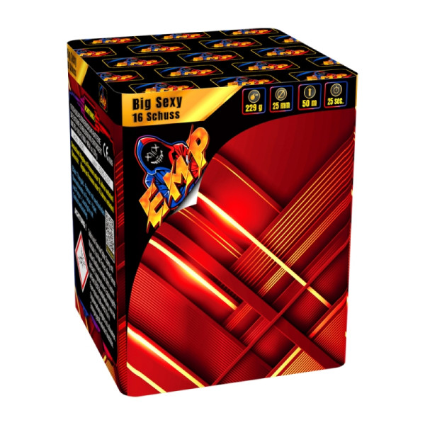 Batteriefeuerwerk Big Sexy (82063) von EMP mit 16-Schuss, 25 Sekunden Laufzeit und 229 Gramm NEM der Kategorie F2 online kaufen und bestellen im Feuerwerk-Shop Funkelfun. Günstiger Feuerwerkshop für Silvester. Hier Angebot sichern!