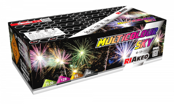 Verbundfeuerwerk Multicolour Sky (HF-129-2209) von Riakeo Fireworks mit 129-Schuss, 120 Sekunden Laufzeit und 1840 Gramm NEM der Kategorie F2 online kaufen und bestellen im Feuerwerk-Shop Funkelfun. Günstiger Feuerwerkshop für Silvester. Angebot sichern!