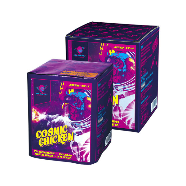 Batteriefeuerwerk Cosmic Chicken (AC20-12-1) von Funke mit 12-Schuss, 24 Sekunden Laufzeit und 108 Gramm NEM der Kategorie F2 online kaufen und bestellen im Feuerwerk-Shop Funkelfun. Günstiger Feuerwerkshop für Silvester. Hier Angebot sichern!