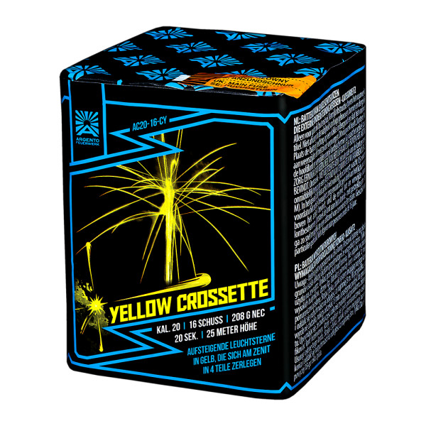 Batteriefeuerwerk Yellow Crossette (AC20-16-CY) von Funke mit 16-Schuss, 20 Sekunden Laufzeit und 208 Gramm NEM der Kategorie F2 online kaufen und bestellen im Feuerwerk-Shop Funkelfun. Günstiger Feuerwerkshop für Silvester. Hier Angebot sichern!