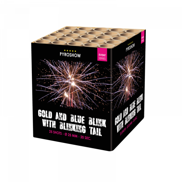 Batteriefeuerwerk Gold & blue blink with blue blinking tail (2670) von Broekhoff mit 25-Schuss, 20 Sekunden Laufzeit und 308 Gramm NEM der Kategorie F2 online kaufen und bestellen im Feuerwerk-Shop Funkelfun. Günstiger Feuerwerkshop für Silvester. Hier An