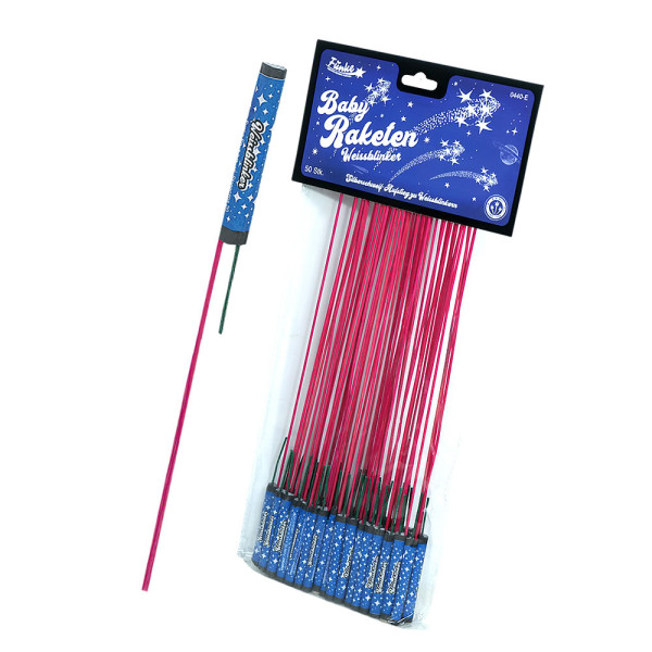 Raketen Baby-Raketen Weißblinker (0440-E) von Funke mit 50-Schuss, 2 Sekunden Laufzeit und 25 Gramm NEM der Kategorie F2 online kaufen und bestellen im Feuerwerk-Shop Funkelfun. Günstiger Feuerwerkshop für Silvester. Hier Angebot sichern!