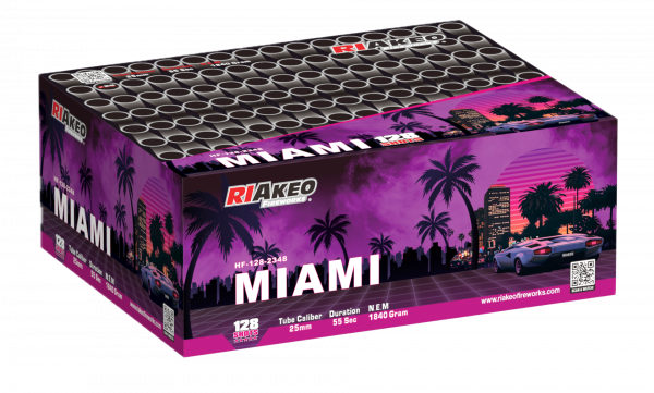 Verbundfeuerwerk Riakeo Miami (HF-128-2348) von Riakeo Fireworks mit 128-Schuss, 55 Sekunden Laufzeit und 1840 Gramm NEM der Kategorie F2 online kaufen und bestellen im Feuerwerk-Shop Funkelfun. Günstiger Feuerwerkshop für Silvester. Hier Angebot sichern!