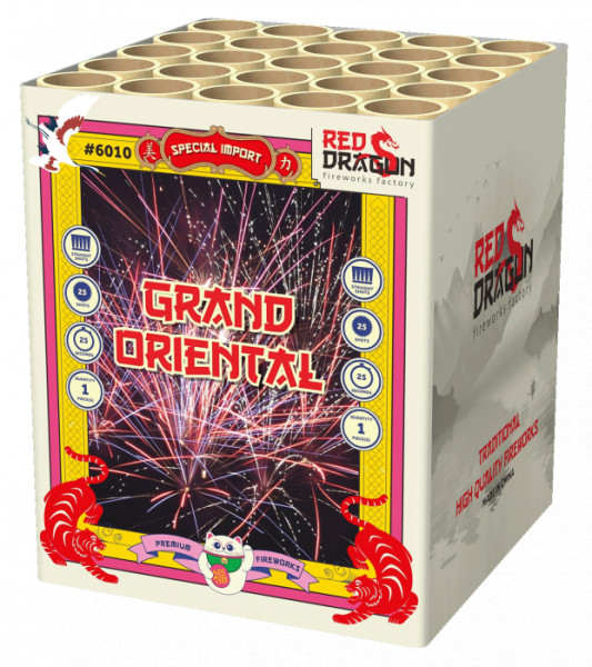 Batteriefeuerwerk Grand Oriental (6010) von WTF! mit 25-Schuss, 25 Sekunden Laufzeit und 295 Gramm NEM der Kategorie F2 online kaufen und bestellen im Feuerwerk-Shop Funkelfun. Günstiger Feuerwerkshop für Silvester. Hier Angebot sichern!