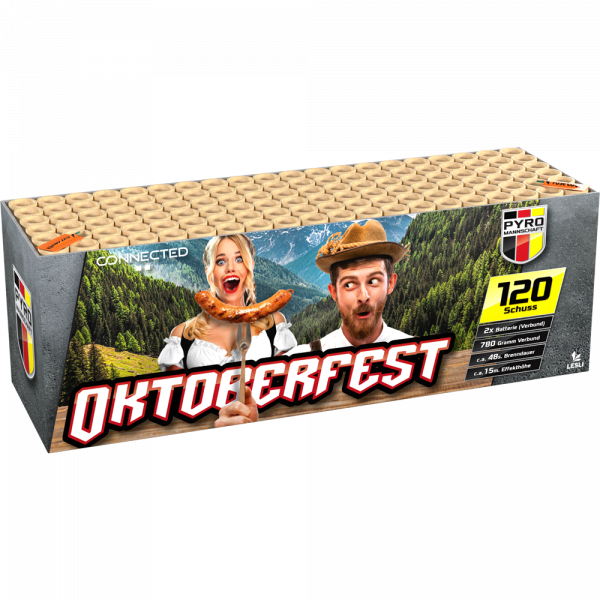 Verbundfeuerwerk Oktoberfest (2727) von Lesli mit 120-Schuss, 48 Sekunden Laufzeit und 780 Gramm NEM der Kategorie F2 online kaufen und bestellen im Feuerwerk-Shop Funkelfun. Günstiger Feuerwerkshop für Silvester. Hier Angebot sichern!