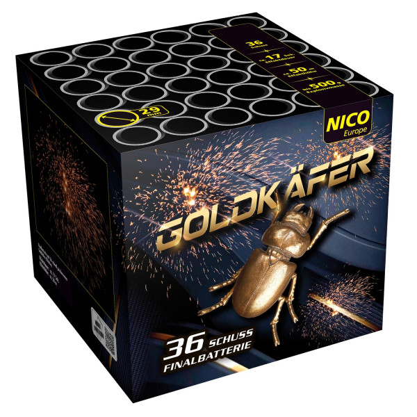 Batteriefeuerwerk Goldkäfer (05818) von Nico mit 36-Schuss, 17 Sekunden Laufzeit und 462 Gramm NEM der Kategorie F2 online kaufen und bestellen im Feuerwerk-Shop Funkelfun. Günstiger Feuerwerkshop für Silvester. Hier Angebot sichern!