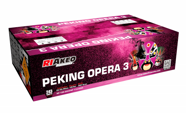Verbundfeuerwerk Riakeo Peking Opera 3 (HF-129-2223 HF-114-2224) von Riakeo Fireworks mit 243-Schuss, 100 Sekunden Laufzeit und 3854 Gramm NEM der Kategorie F2 online kaufen und bestellen im Feuerwerk-Shop Funkelfun. Günstiger Feuerwerkshop für Silvester.