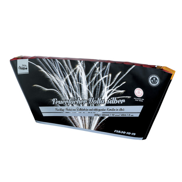 Feuertopf Feuerfächer Volta Silber (FSR30-10-19) von Funke mit 10-Schuss, 3 Sekunden Laufzeit und 305 Gramm NEM der Kategorie F2 online kaufen und bestellen im Feuerwerk-Shop Funkelfun. Günstiger Feuerwerkshop für Silvester. Hier Angebot sichern!