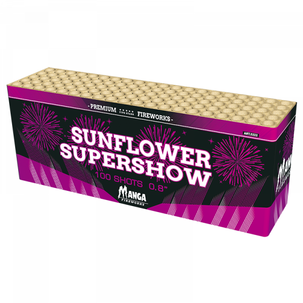 Verbundfeuerwerk Sunflower Supershow (5222) von Broekhoff mit 100-Schuss, 60 Sekunden Laufzeit und 775 Gramm NEM der Kategorie F2 online kaufen und bestellen im Feuerwerk-Shop Funkelfun. Günstiger Feuerwerkshop für Silvester. Hier Angebot sichern!