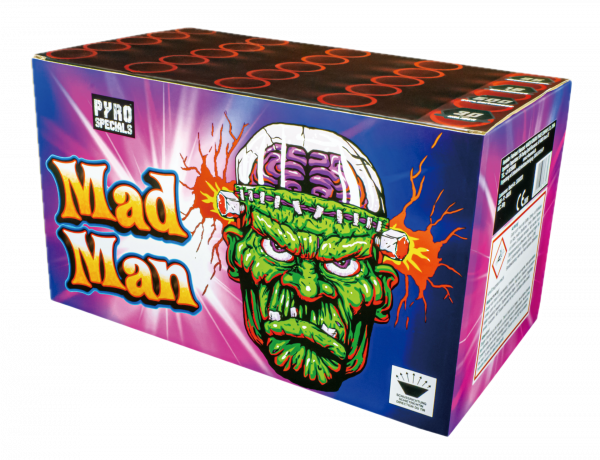 Batteriefeuerwerk Mad Man (ER-25-30-6) von Pyro Specials mit 25-Schuss, 26 Sekunden Laufzeit und 500 Gramm NEM der Kategorie F2 online kaufen und bestellen im Feuerwerk-Shop Funkelfun. Günstiger Feuerwerkshop für Silvester. Hier Angebot sichern!