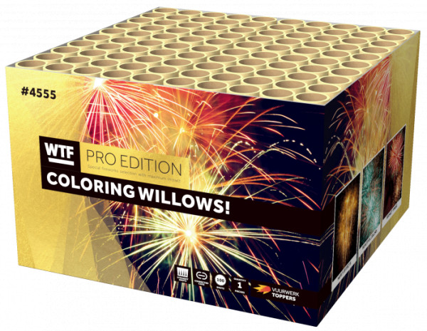 Verbundfeuerwerk COLORING WILLOWS! (4555) von WTF! mit 100-Schuss, 50 Sekunden Laufzeit und 1946 Gramm NEM der Kategorie F2 online kaufen und bestellen im Feuerwerk-Shop Funkelfun. Günstiger Feuerwerkshop für Silvester. Hier Angebot sichern!