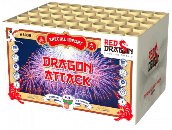 Verbundfeuerwerk Dragon Attack (6038) von WTF! mit 50-Schuss, 75 Sekunden Laufzeit und 943 Gramm NEM der Kategorie F2 online kaufen und bestellen im Feuerwerk-Shop Funkelfun. Günstiger Feuerwerkshop für Silvester. Hier Angebot sichern!