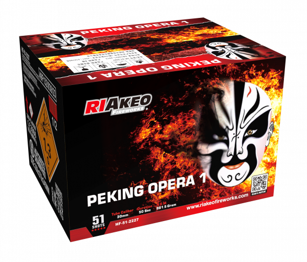 Verbundfeuerwerk Riakeo Peking Opera 1 (HF-51-2227) von Riakeo Fireworks mit 51-Schuss, 50 Sekunden Laufzeit und 961,5 Gramm NEM der Kategorie F2 online kaufen und bestellen im Feuerwerk-Shop Funkelfun. Günstiger Feuerwerkshop für Silvester. Hier Angebot