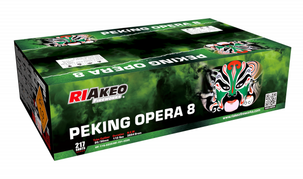 Verbundfeuerwerk Riakeo Peking Opera 8 (HF-116-2225 HF-101-2226) von Riakeo Fireworks mit 217-Schuss, 100 Sekunden Laufzeit und 3607 Gramm NEM der Kategorie F2 online kaufen und bestellen im Feuerwerk-Shop Funkelfun. Günstiger Feuerwerkshop für Silvester.