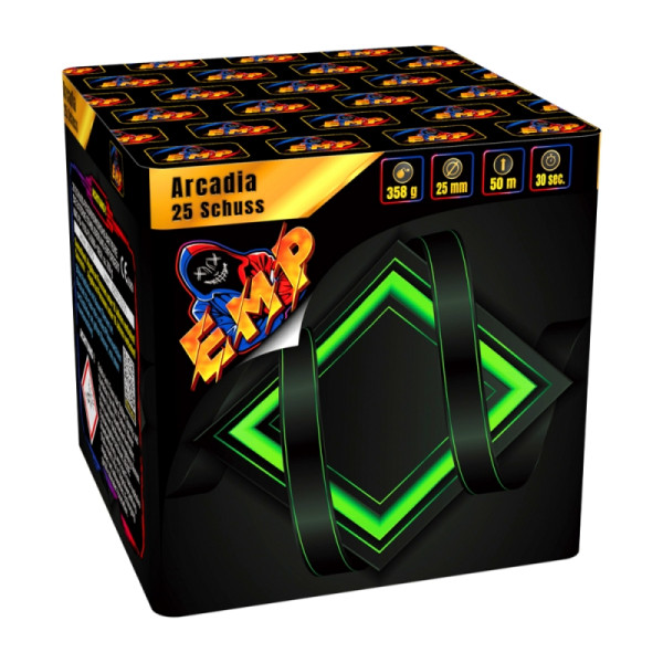 Batteriefeuerwerk Arcadia (82070) von EMP mit 25-Schuss, 30 Sekunden Laufzeit und 358 Gramm NEM der Kategorie F2 online kaufen und bestellen im Feuerwerk-Shop Funkelfun. Günstiger Feuerwerkshop für Silvester. Hier Angebot sichern!