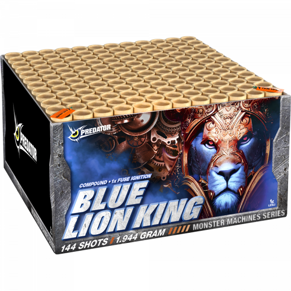 Verbundfeuerwerk Blue Lion King (04456) von Lesli mit 144-Schuss, 95 Sekunden Laufzeit und 1944 Gramm NEM der Kategorie F2 online kaufen und bestellen im Feuerwerk-Shop Funkelfun. Günstiger Feuerwerkshop für Silvester. Hier Angebot sichern!