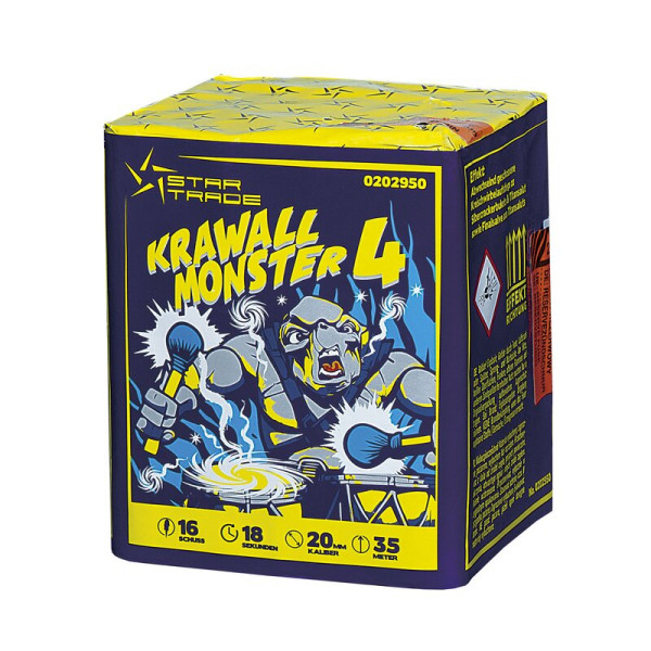 Batteriefeuerwerk Krawallmonster 4 (202950) von Startrade mit 16-Schuss, 18 Sekunden Laufzeit und 132,6 Gramm NEM der Kategorie F2 online kaufen und bestellen im Feuerwerk-Shop Funkelfun. Günstiger Feuerwerkshop für Silvester. Hier Angebot sichern!