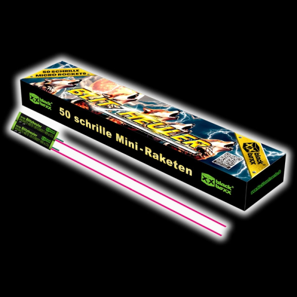 Raketen Blitzheuler (50er Schachtel) (24102) von Blackboxx mit 50-Schuss, 4 Sekunden Laufzeit und 17 Gramm NEM der Kategorie F2 online kaufen und bestellen im Feuerwerk-Shop Funkelfun. Günstiger Feuerwerkshop für Silvester. Hier Angebot sichern!