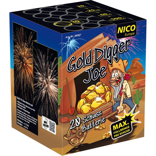 Batteriefeuerwerk Gold Digger Joe (5767) von Nico mit 20-Schuss, 25 Sekunden Laufzeit und 500 Gramm NEM der Kategorie F2 online kaufen und bestellen im Feuerwerk-Shop Funkelfun. Günstiger Feuerwerkshop für Silvester. Hier Angebot sichern!