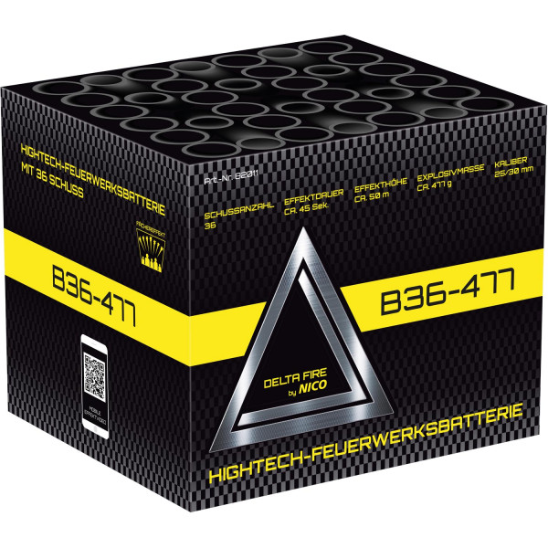 Batteriefeuerwerk Delta-Fire B36-477 (82011) von Nico mit 36-Schuss, 45 Sekunden Laufzeit und 477 Gramm NEM der Kategorie F2 online kaufen und bestellen im Feuerwerk-Shop Funkelfun. Günstiger Feuerwerkshop für Silvester. Hier Angebot sichern!