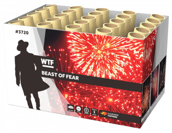 Batteriefeuerwerk Beast of Fear (3720) von WTF! mit 25-Schuss, 15 Sekunden Laufzeit und 311 Gramm NEM der Kategorie F2 online kaufen und bestellen im Feuerwerk-Shop Funkelfun. Günstiger Feuerwerkshop für Silvester. Hier Angebot sichern!