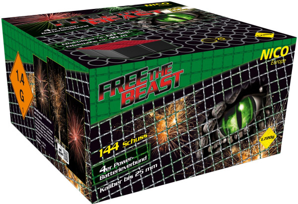 Verbundfeuerwerk Free the Beast (85021) von Nico mit 144-Schuss, 60 Sekunden Laufzeit und 1721 Gramm NEM der Kategorie F2 online kaufen und bestellen im Feuerwerk-Shop Funkelfun. Günstiger Feuerwerkshop für Silvester. Hier Angebot sichern!