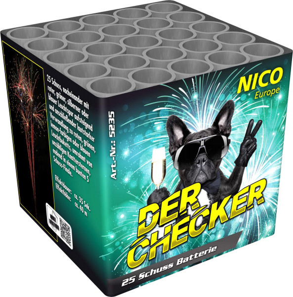 Batteriefeuerwerk Der Checker (05235) von Nico mit 25-Schuss, 35 Sekunden Laufzeit und 162 Gramm NEM der Kategorie F2 online kaufen und bestellen im Feuerwerk-Shop Funkelfun. Günstiger Feuerwerkshop für Silvester. Hier Angebot sichern!