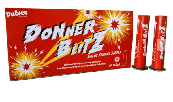 Bombenrohr Donner Blitz (Salut Single Shots) (PP-K-SAS-25) von Pulver mit 1-Schuss, Sekunden Laufzeit und 8 Gramm NEM der Kategorie F2 online kaufen und bestellen im Feuerwerk-Shop Funkelfun. Günstiger Feuerwerkshop für Silvester. Hier Angebot sichern!