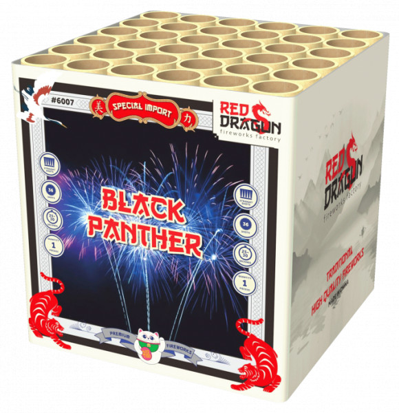 Batteriefeuerwerk Black Panther (6007) von WTF! mit 36-Schuss, 30 Sekunden Laufzeit und 245 Gramm NEM der Kategorie F2 online kaufen und bestellen im Feuerwerk-Shop Funkelfun. Günstiger Feuerwerkshop für Silvester. Hier Angebot sichern!
