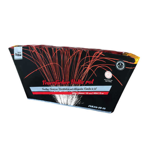 Feuertopf Feuerfächer Volta Rot (FSR30-10-18) von Funke mit 10-Schuss, 4 Sekunden Laufzeit und 305 Gramm NEM der Kategorie F2 online kaufen und bestellen im Feuerwerk-Shop Funkelfun. Günstiger Feuerwerkshop für Silvester. Hier Angebot sichern!