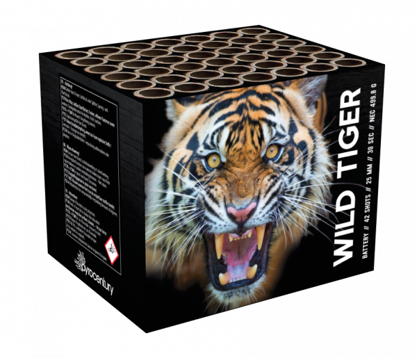 Batteriefeuerwerk Wild Tiger (VWD25-42) von Pyrocentury mit 42-Schuss, 30 Sekunden Laufzeit und 500 Gramm NEM der Kategorie F2 online kaufen und bestellen im Feuerwerk-Shop Funkelfun. Günstiger Feuerwerkshop für Silvester. Hier Angebot sichern!